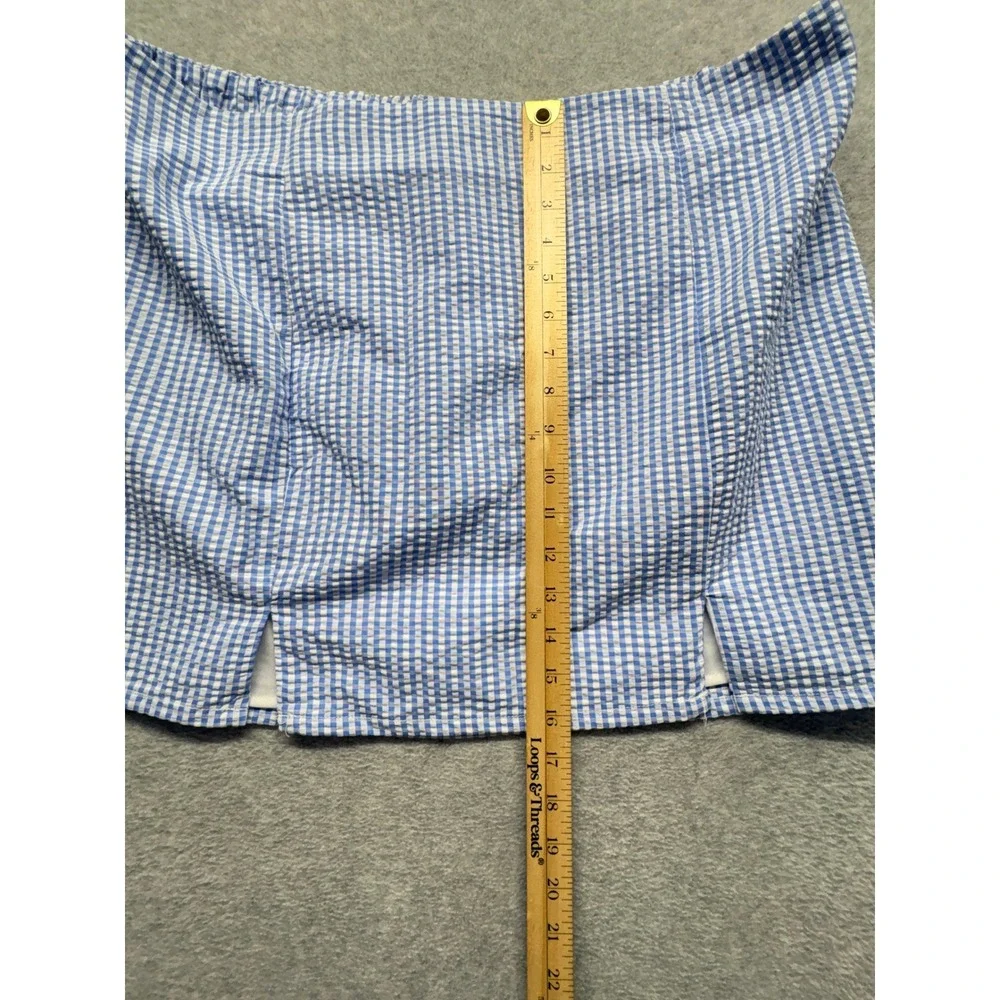 No Boundaries Blue Gingham Seersucker Mini Skirt XXL 20 Front Slits Elastic Back